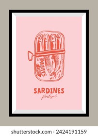 Sardines hand drawn illustration in a poster frame for wall art gallery