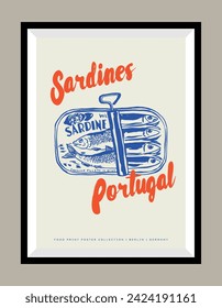 Ilustración de sardinas dibujada a mano en un marco de afiches para una galería de arte en la pared