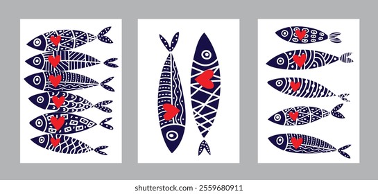 Sardines and hearts. Interior poster with fish. Cute set. Illustrations for Valentine's Day.