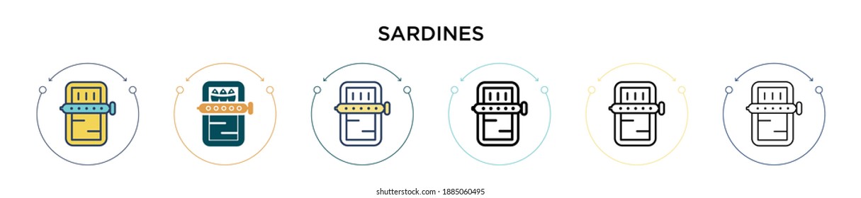 Sardines icon in filled, thin line, outline and stroke style. Vector illustration of two colored and black sardines vector icons designs can be used for mobile, ui, web