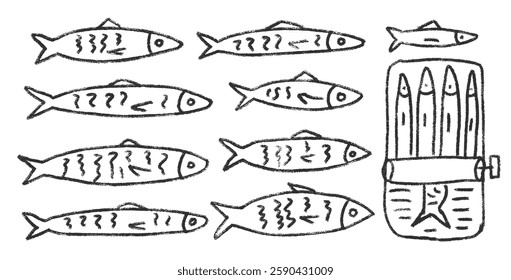 Sardines line doodle set. Canned fish hand drawn scribble. tinned fishes. Open sardine tin. Vector conserve eat illustration by pencil isolated on white background. Crayon or chalk naive seafood.