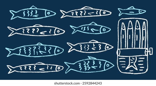 Sardines line doodle set. Canned fish hand drawn scribble. tinned fishes. Open sardine tin. Vector conserve eat illustration by pencil isolated on dark blue background. Crayon or chalk naive seafood.