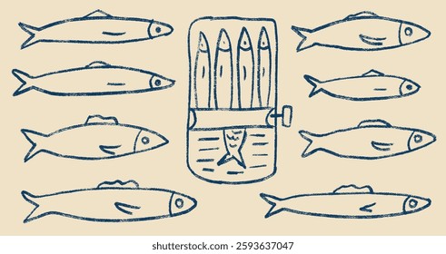 Sardines line doodle set. Canned fish hand drawn scribble. tinned fishes. Open sardine tin. Vector conserve eat illustration by pencil isolated. Crayon or chalk naive seafood.