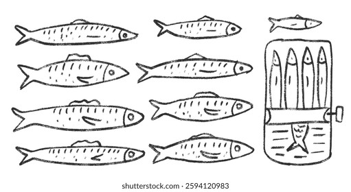 Sardines line doodle set. Canned fish hand drawn scribble. tinned fishes. Open sardine tin. Vector conserve eat illustration by pencil isolated on white background. Crayon or chalk naive seafood.