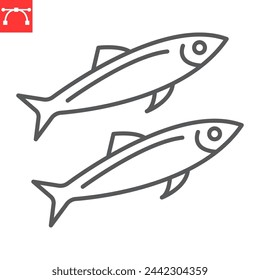 Sardines line icon, seafood and fish, pilchard vector icon, vector graphics, editable stroke outline sign, eps 10.