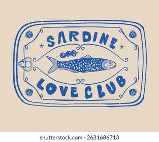 Sardines love club. In pure olive and lemon. Canned fish artwork. Sardines fish artwork for t shirt print, poster, sticker and other uses. Seafood t shirt design. 