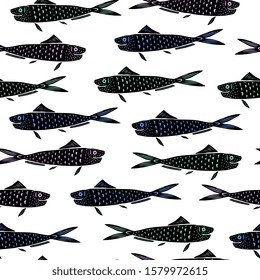 Sardines in modern style seamless pattern. Isolated fish silhouettes on white background, vector illustration for restaurant menu, marine decor.