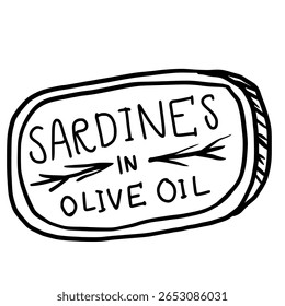 Sardines in olive oil tin canned fish Hand drawn line art sketch doodle fisherman aesthetic coastal nautical illustration 