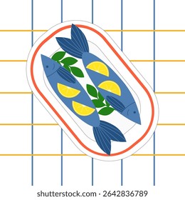 Sardines on a plate with lemon slices, seafood. Flat vector graphic illustration isolated on white background. Seafood and marine life concept. Design for posters, stickers and packaging