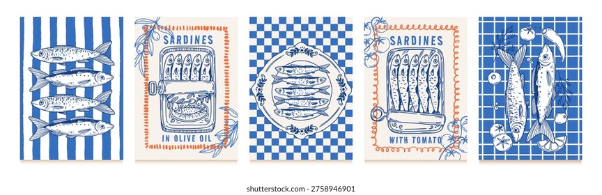 Sardines. Poster with seafood elements. Mediterranean fish on plate, sardine with olive oil, tomatoes, lemons, chili peppers. Italy food on banner for cafe menu. Vector set.