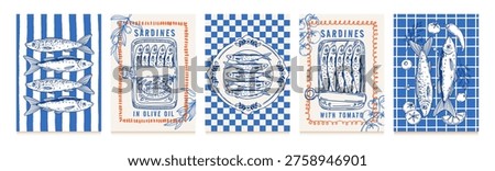Sardines. Poster with seafood elements. Mediterranean fish on plate, sardine with olive oil, tomatoes, lemons, chili peppers. Italy food on banner for cafe menu. Vector set.