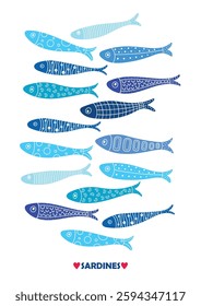 Sardines, salmon, tuna, tilapia. Silhouette.Sea cards and posters collection for kids. Hand drawn illustration. Ideal for greeting cards, t-shirts design, decor for nursery.