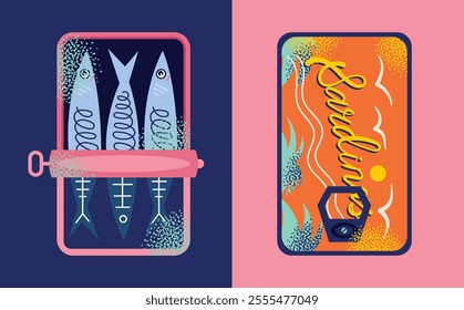 Sardines, seafood packaging, crab, octopus, and lemon slices. Flat vector graphics illustration isolated on background. Seafood and marine life concept. Design for posters, stickers, and package