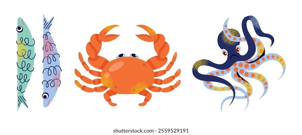 Sardines, seafood packaging, crab, octopus, and lemon slices. Flat vector graphics illustration isolated on white background. Seafood and marine life concept. Design for posters, stickers, and package