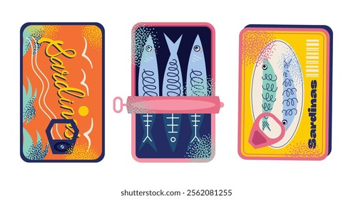 Sardines, seafood packaging, crab, octopus, and lemon slices. Flat vector graphics illustration isolated on white background. Seafood and marine life concept. Design for posters, stickers, and package