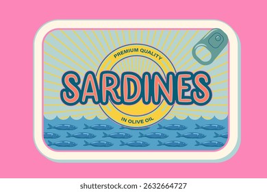 Sardinhas, embalagens de frutos do mar. Sardinha colorido vetor mar ilustração. Design para cartazes, adesivos, pacote, livro de receitas.