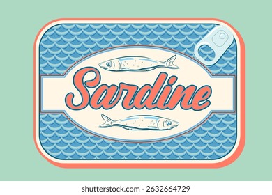 Sardines, seafood packaging. Sardine colorful vector sea illustration. Design for posters, stickers, package, recipe book.