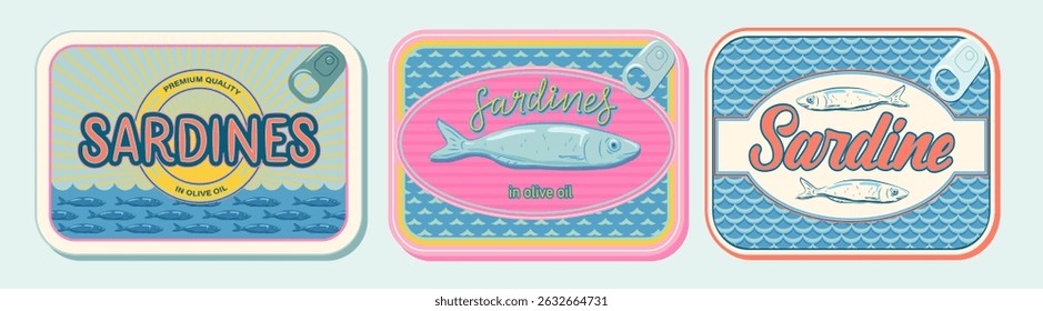 Sardines, seafood packaging. Sardine colorful vector sea illustration. Design for posters, stickers, package, recipe book.