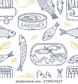 Sardines seamless pattern. Canned seafood, mackerel anchovies sardine fish hand drawn. Restaurant kitchen market textile print, neoteric vector background
