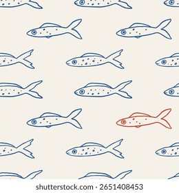 Sardines seamless pattern with hand-drawn sardine fish under water in navy blue color. Nautical pattern. One different fish. Be yourself concept. Cute vector sea theme background illustration design.