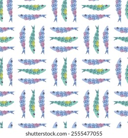 Sardines seamless pattern, seafood packaging, crab, octopus, and lemon slices. Flat vector graphics illustration isolated on background. Seafood and marine life concept. Design for posters and package