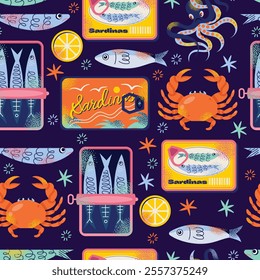 Sardines seamless pattern, seafood packaging, crab, octopus, and lemon slices. Flat vector graphics illustration isolated on background. Seafood and marine life concept. Design for posters and package