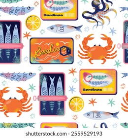 Sardines seamless pattern, seafood packaging, crab, octopus, and lemon slices. Flat vector graphics illustration isolated on background. Seafood and marine life concept. Design for posters and package