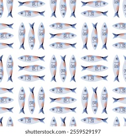 Sardines seamless pattern, seafood packaging, crab, octopus, and lemon slices. Flat vector graphics illustration isolated on background. Seafood and marine life concept. Design for posters and package