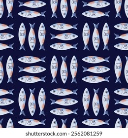 Sardines seamless pattern, seafood packaging, crab, octopus, and lemon slices. Flat vector graphics illustration isolated on background. Seafood and marine life concept. Design for posters and package