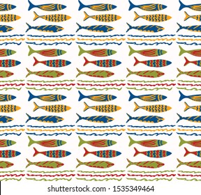 Sardines Shoal of Fish Seamless Vector Pattern. Swimming Sea Animal Motif for Lisbon St Anthony Portugese Food Festival. Graphic for Traditional Recipe Party, Canned Seafood Packaging. Vector EPS10