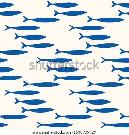 Sardines Shoal of Fish Seamless Vector Pattern. Swimming Sea Animal Motif for Lisbon St Anthony Portugese Food Festival. Graphic for Traditional Recipe Party, Canned Seafood Packaging. Vector EPS10