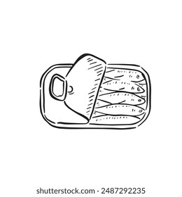 Sardines in a tin. A black and white line drawing of five sardines in a tin with the lid peeled back. Drawn by hand and vectorised.