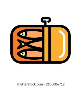 La lata de sardinas puede ser un icono de estilo sencillo. Ilustración a color de pescado enlatado, arenque, espadín. Icono de pantalla plana para diseño web aislado en fondo blanco.