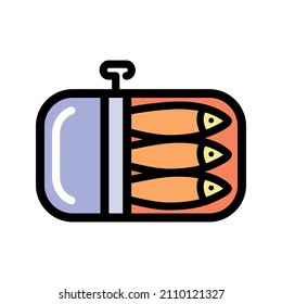 Sardines tin can icon in simple style. Color illustration of canned fish, herring, sprat. Vector flat icon for web design isolated on white background.