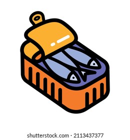 Sardines tin can icon in simple style. Color illustration of canned fish, herring, sprat. Vector flat icon for web design isolated on white background.