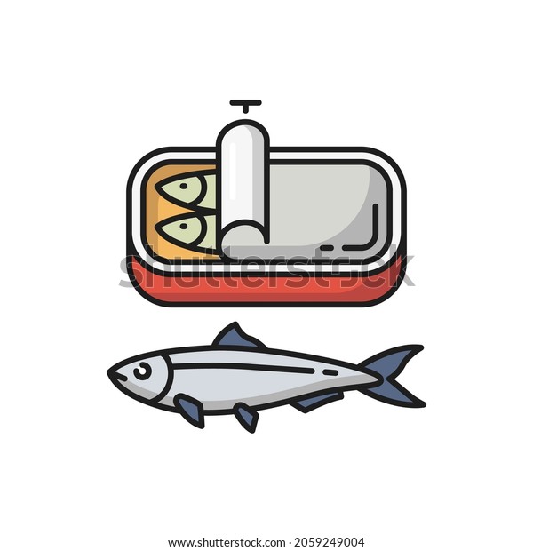 Sardines in tin can isolated fish, Portugal food\
flat cartoon icon. Vector Portuguese national food, seafood product\
packaging. Canned anchovy in oil, iwashi conserve. Herring in metal\
package