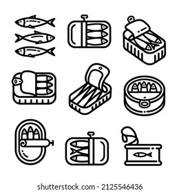 Sardines in tin can isolated outline icons set. Portugal food icons. Vector Portuguese national food, seafood product packaging. Canned anchovy in oil, iwashi conserve. Herring in metal package.