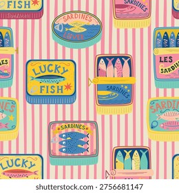 Sardines tin seamless pattern. Funny fish cans on the repeat pink striped background. Hand drawn seafood wrap paper, wallpaper, packaging design, textile, print. Aesthetic coastal vector illustration.