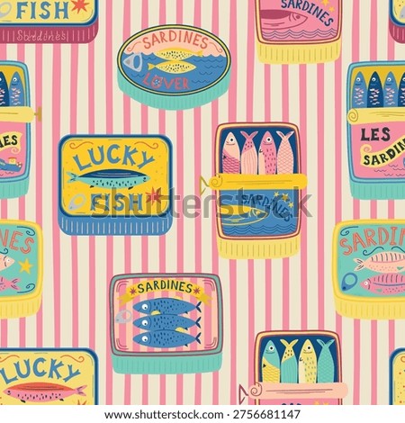 Sardines tin seamless pattern. Funny fish cans on the repeat pink striped background. Hand drawn seafood wrap paper, wallpaper, packaging design, textile, print. Aesthetic coastal vector illustration.