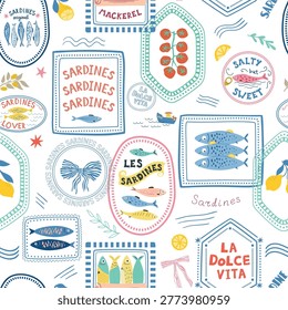 Sardines, tomato and lemons seamless pattern. Cute hand drawn stamps, lettering, text. Mediterranean summer repeat background, traveling vibes. Vector textile design, wallpaper, wrapping paper, fabric