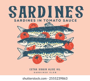 Sardines in tomato sauce. Fish vintage artwork. Sardines fish artwork for t shirt print, poster, sticker and other uses. Seafood t shirt design.