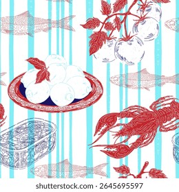 Sardinha, tomate, lagosta e limão. Ilustração retrô moderna com elementos de esboço. Padrão sem emenda inspirado no Mediterrâneo