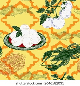 Sardinha, tomate, lagosta e limão. Ilustração retrô moderna com elementos de esboço. Padrão sem emenda inspirado no Mediterrâneo