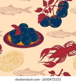 Sardinha, tomate, lagosta e limão. Ilustração retrô moderna com elementos de esboço. Padrão sem emenda inspirado no Mediterrâneo
