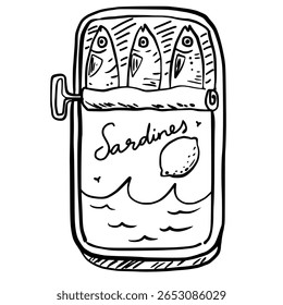 Sardines vintage tin canned fish Hand drawn line art sketch doodle fisherman aesthetic coastal nautical illustration 