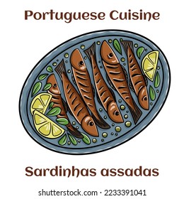 Sardinhas assadas. Fried Portuguese sardines. Portuguese traditional dish 