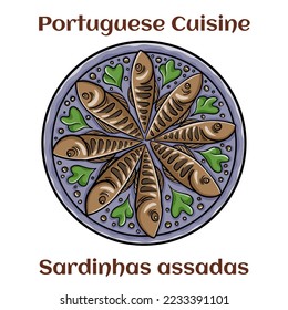 Sardinhas assadas. Fried Portuguese sardines. Portuguese traditional dish 