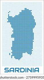 Sardinia digital style map with blue rounded rectangle dots. Italy. Dotted shape of the island. Sardinia blue colored map and title on white background. Modern Vector Illustration.