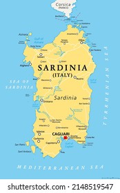 Cerdeña, isla italiana, mapa político con la capital Cagliari. Sardegna, Región Autónoma de Cerdeña, segunda isla más grande del mar Mediterráneo, al sur de Córcega, al oeste de la península italiana.