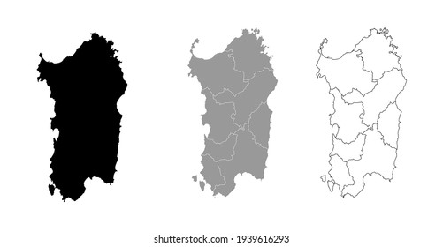 Sardinia Italy Map Black Silhouette and Outline With Regions Border Vector